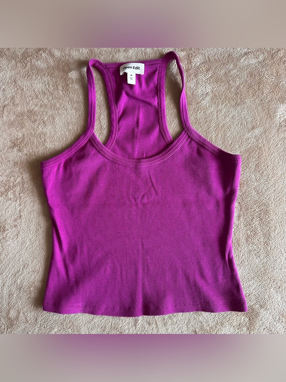 Open Edit Women's Rib Racerback Tank Top Pink Wild Aster Cotton Stretch Medium